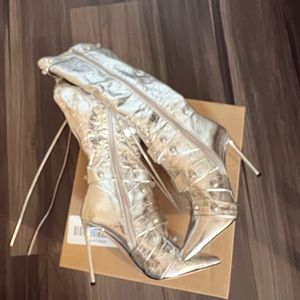 New Silver Knee High stiletto boots size 8